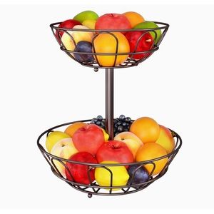 Simple Trending 2-Tier Countertop Fruit Basket Bowl Storage Bronze Metal
